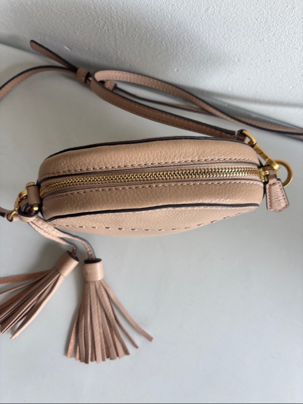 Tory Burch McGraw Blush Beige Pebbled Leather Tassel Crossbody - Picture 5 of 10